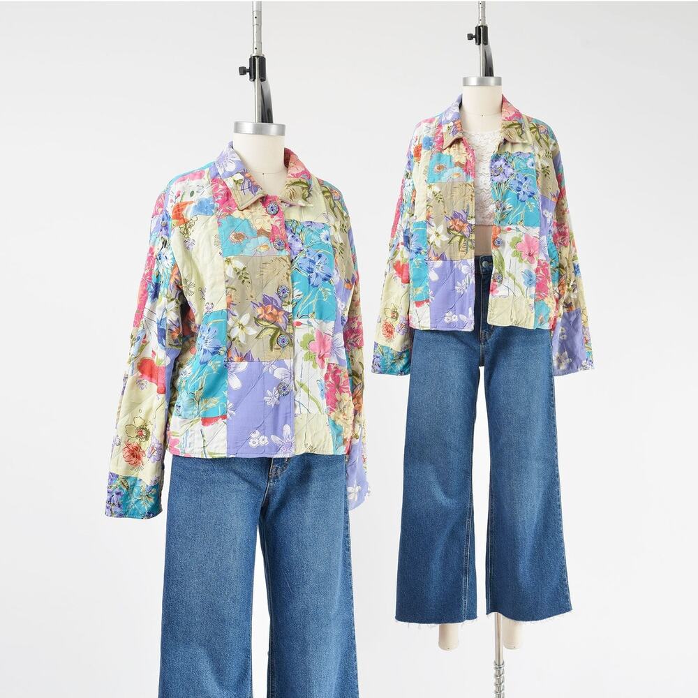 Vintage 90s Floral Quilted Jacket Patchwork Cottagecore Boho Jacket M - Picture 1 of 10